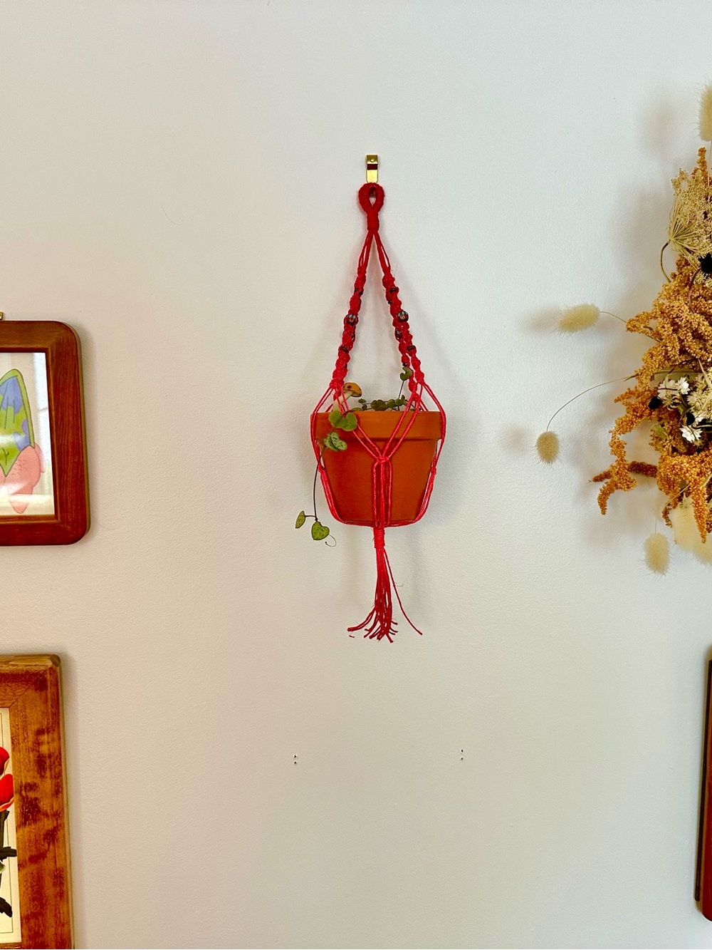 Tiny Hot Pink Plant Hanger with Beads